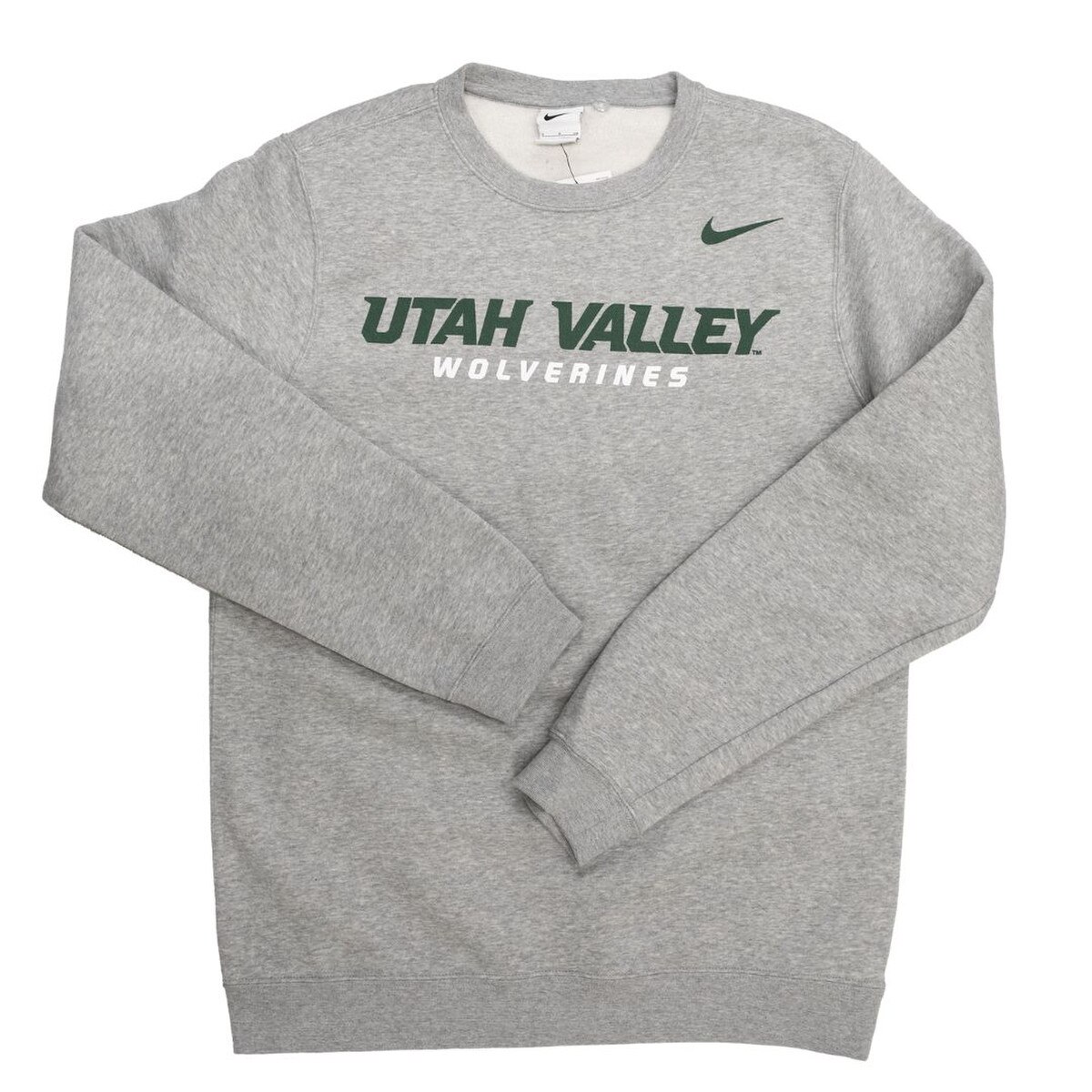 heather grey crew sweatshirt with a green Nike swoosh on the left chest and a "Utah Valley Wolverines" logo across the front